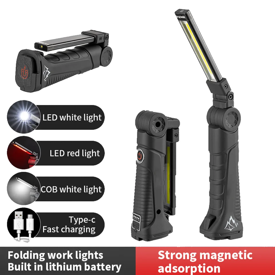 Nové prenosné 500 lm COB LED baterka typu C Nabíjanie Pracovné svetlo 3 Magnetické lampa zavesenia kempingu kempingové svetlo