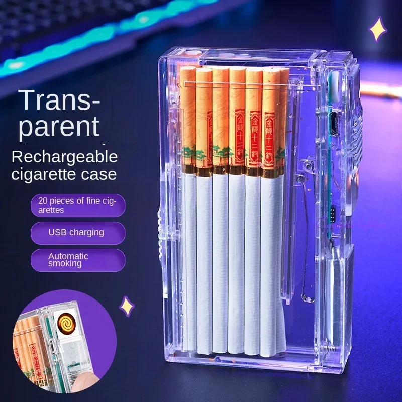 Nové priehľadné cigaretové puzdro Volfrám Zapaľovač ručne tlačenie nabíjanie cigarety Zapaľovač