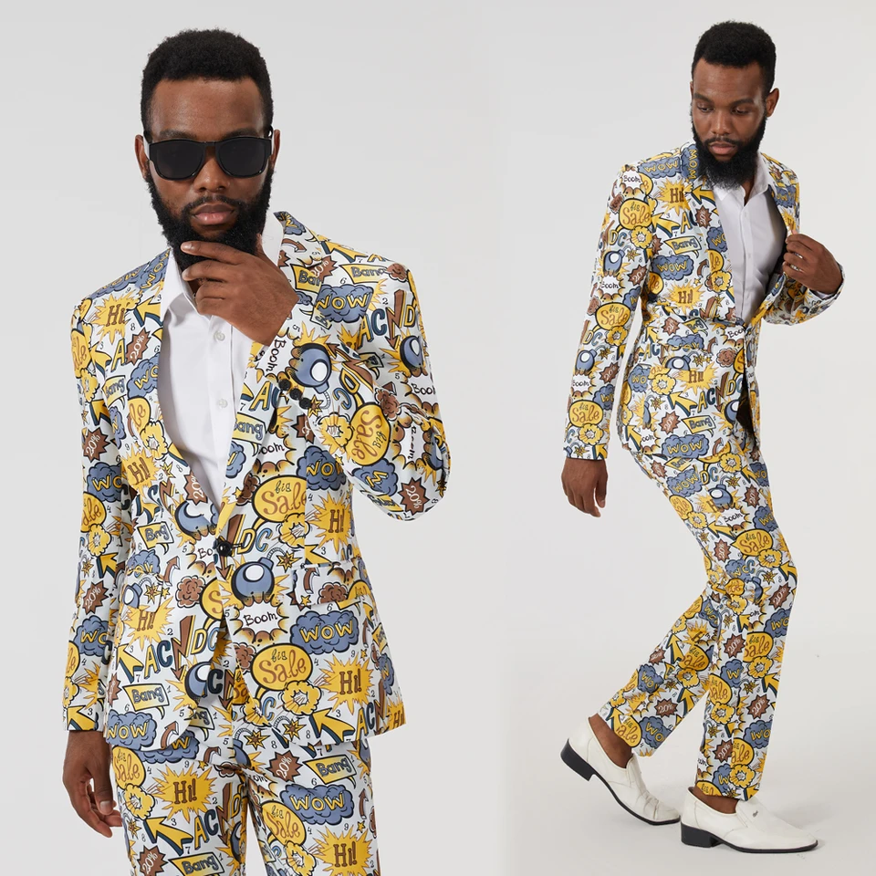 Nové pánske nádherné anglické tlač 2ks oblek Bar scény Singer oblečenie svadobné ženích Singer Singer Prom Slim Fit Blazers