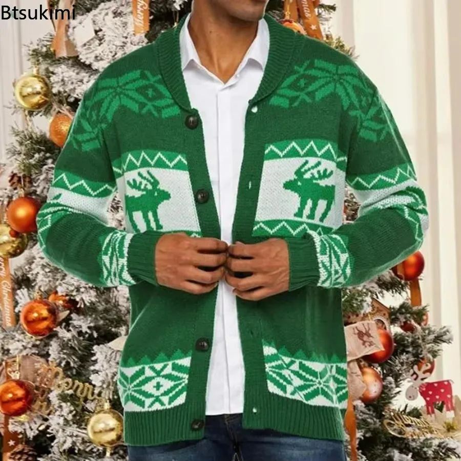 Nové pánske vianočné svetre Fashion Jacquard pletené gombíky Mardiger Hrubšie teplé klopa tlačové sveter bunda Pánske zimné oblečenie
