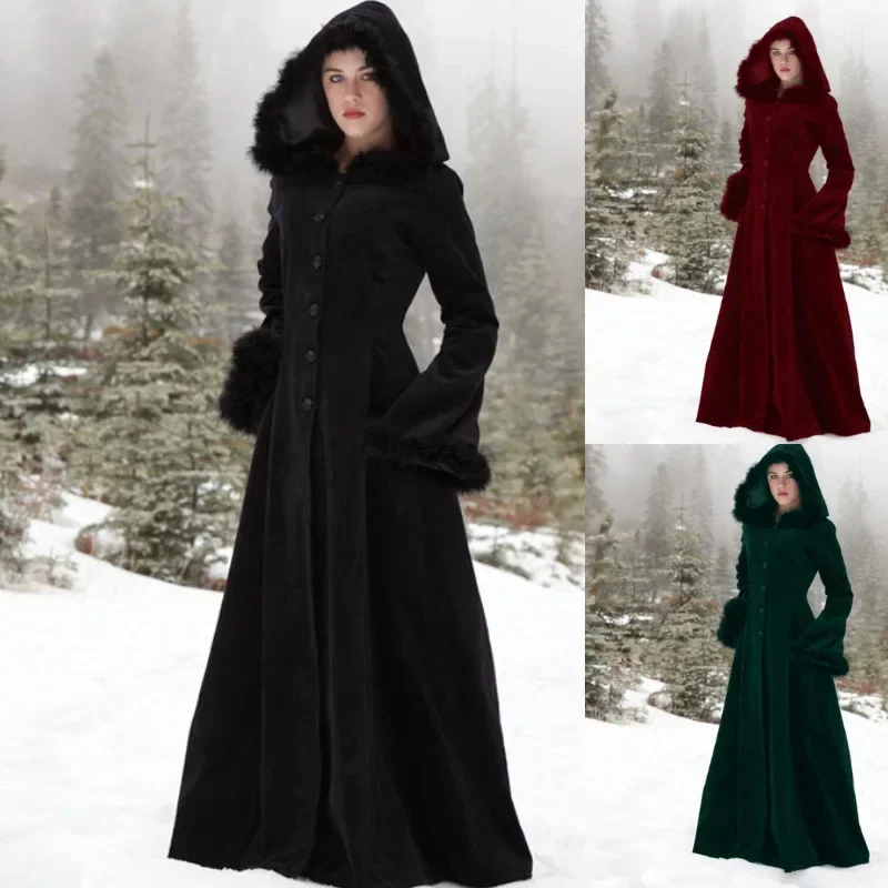 Nové renesančné gotické kostýmy Ženy Jeseň dlhé šaty vintage kožušina s kapucňou maxi výkop cosplay coat plus veľkosť mn1