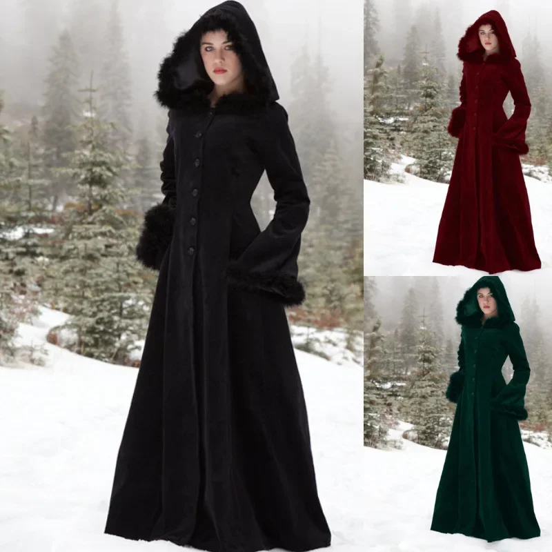 Nové renesančné gotické kostýmy Ženy Jeseň dlhé kabáty šaty Vintage kožušina s kapucňou maxi výkopu Cosplay Coat plus veľkosť gs7103