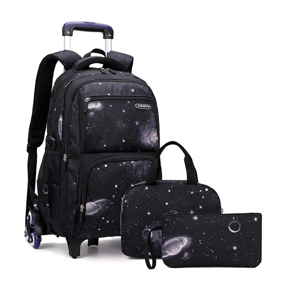 Nové rolujúce batohy batožiny koleso pre deti Trolley School tašky pre chlapcov Mochilas Space Starry Sky Vytlačené bookbag s obednou taškou