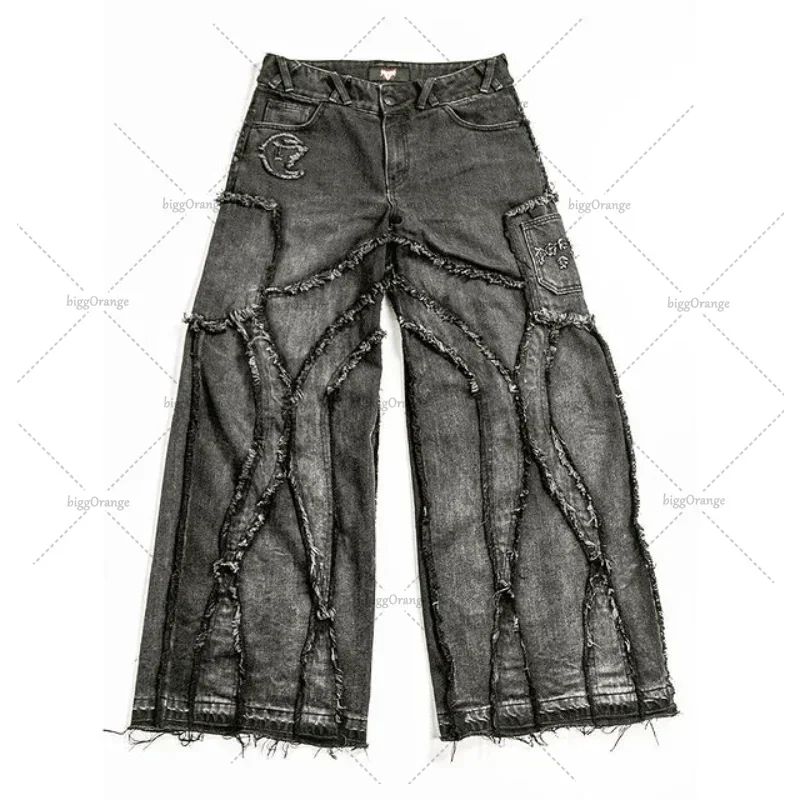 Nové rozstrapkané okraje zúfalé umývané gotické džínsy 2024 Nový módny príležitostný punk rock voľný široký nohavice nohavice Pánske streetwear