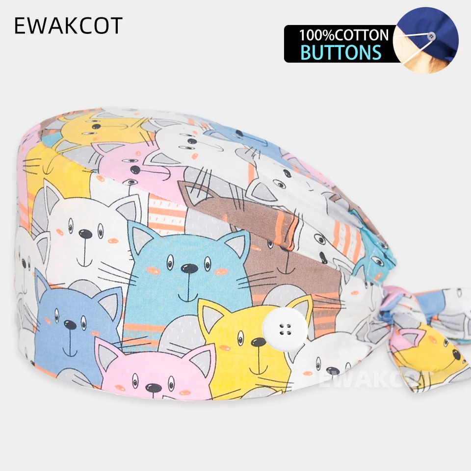 Nové roztomilé mačky tlačené chirurgické čiapky bavlnená vzorka Zvieracie vzor Pracovná krovina Cap Cap Cap Cap Cap Cap Cap Cap Doctor Doctor Ošetrovateľský chirurg klobúk Ženy Muži