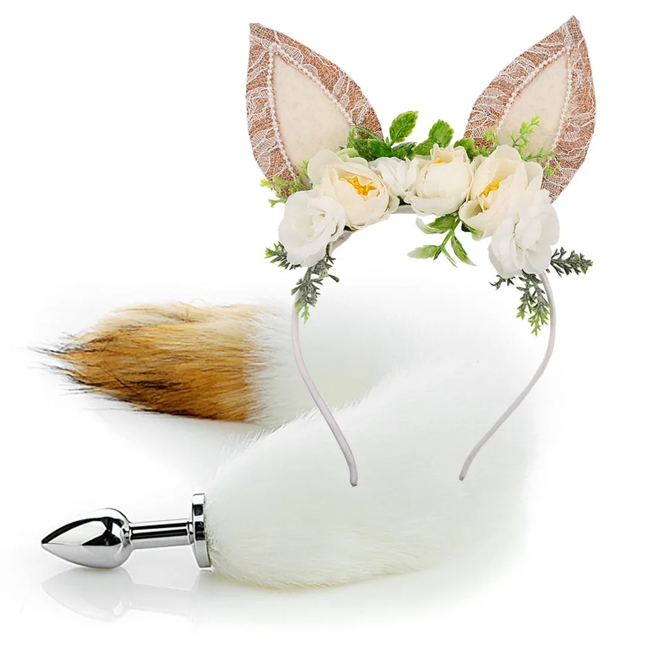 Nové roztomilé uši Čelenka simulácia 40 cm Fox Rabbit Tail Tail Kov kovový zástrčka Erotické príslušenstvo pre hranie rolí pre dospelé sexuálne hračky pre páry