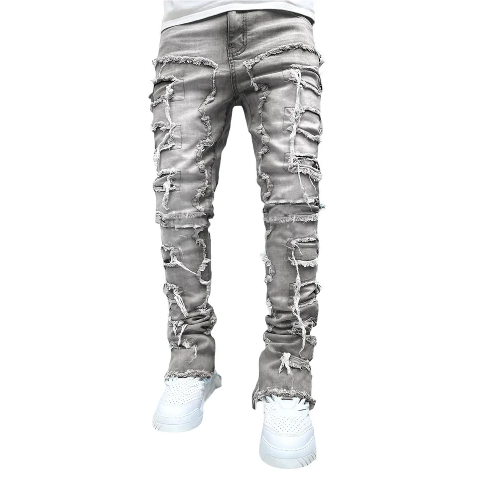 Nové roztrhané džínsy naskladané džínsy Men Slim-Fit Denim Pants Cotton Kórejský štýl Móda Elasticita Vestranná zničená mužské nohavice
