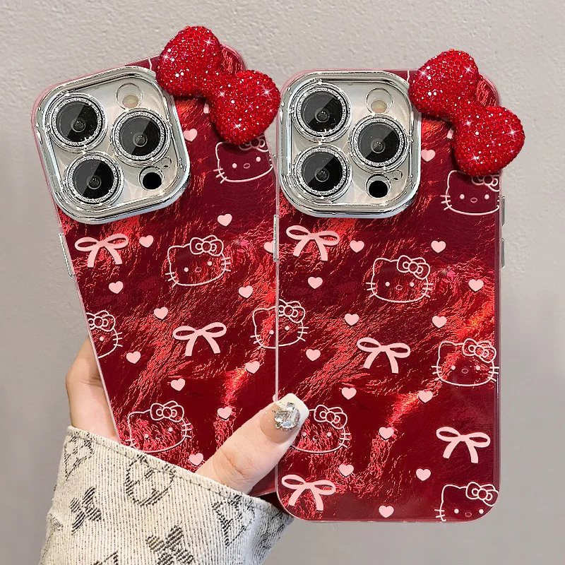Nové Sanrio Hello Kitty Red Bow kravata Diamond Bow roztomilý držiak telefón pre iPhone 16 15 14 12 13 Pro Max Y2K Girl Cover Darček