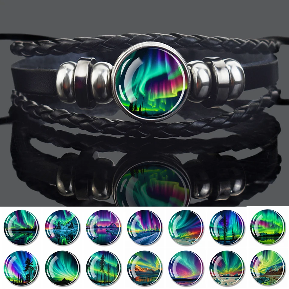 Nové severné svetlá náramok Polar Aurora Borealis Glass Glass Dome Leather Weave Curelet pre ženy mužov astronomické náramky šperky