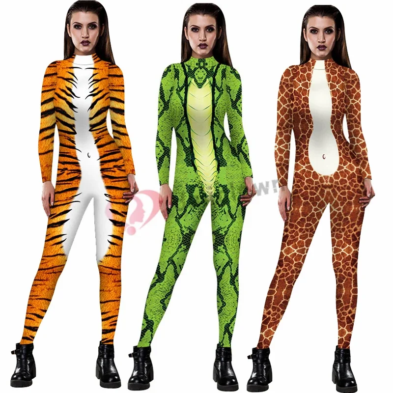 Nové sexy halloweenske kostýmy pre ženy hadi tiger zebra leopard 3D tlače zvierat Cosplay zentai obleky kombinézy D4507