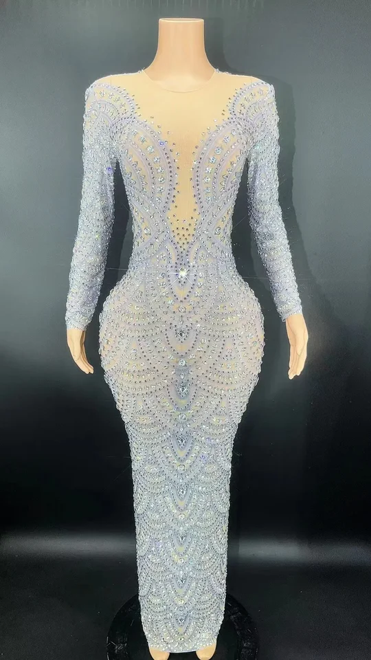 Nové sexy kamienok s dlhými rukávmi s dlhým rukávom, sieťové šaty priehľadné tanečnice Performance Birthday Clothing
