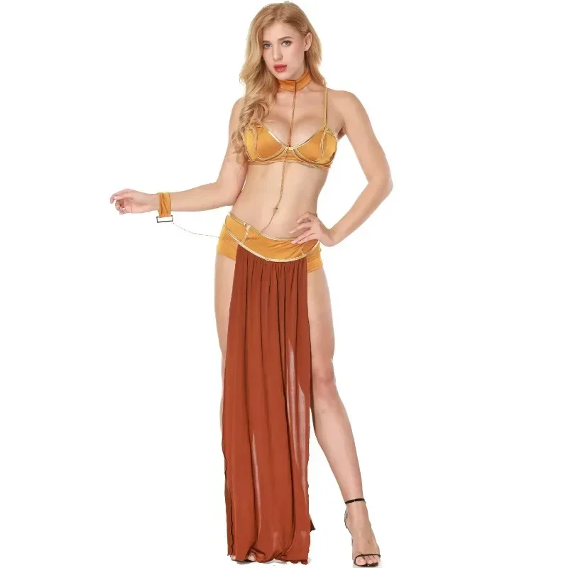 Nové sexy karnevalové cosplay princezná leia otroky šaty šaty zlatá podprsenka a krk egyptský kostým bohyne