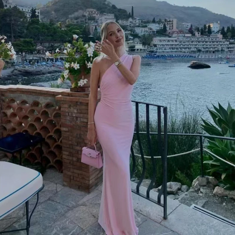 Nové sexy ružové sklonené ramenné šaty, dámske šaty s zadným zadným hem