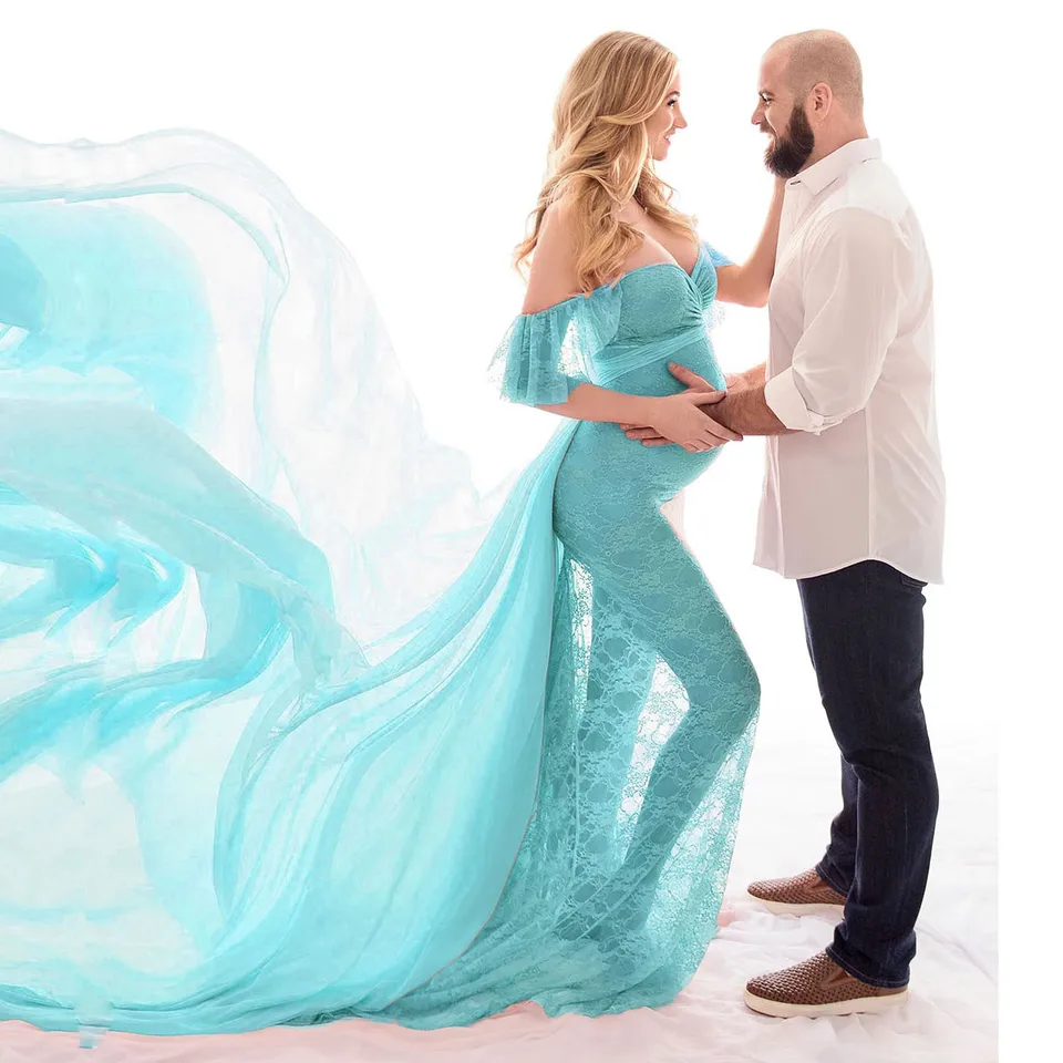 Nové sexy ženy Photography Materské šaty čipky v krk dlhý rukáv biele na fotenie elegantné tehotenské šaty Photography