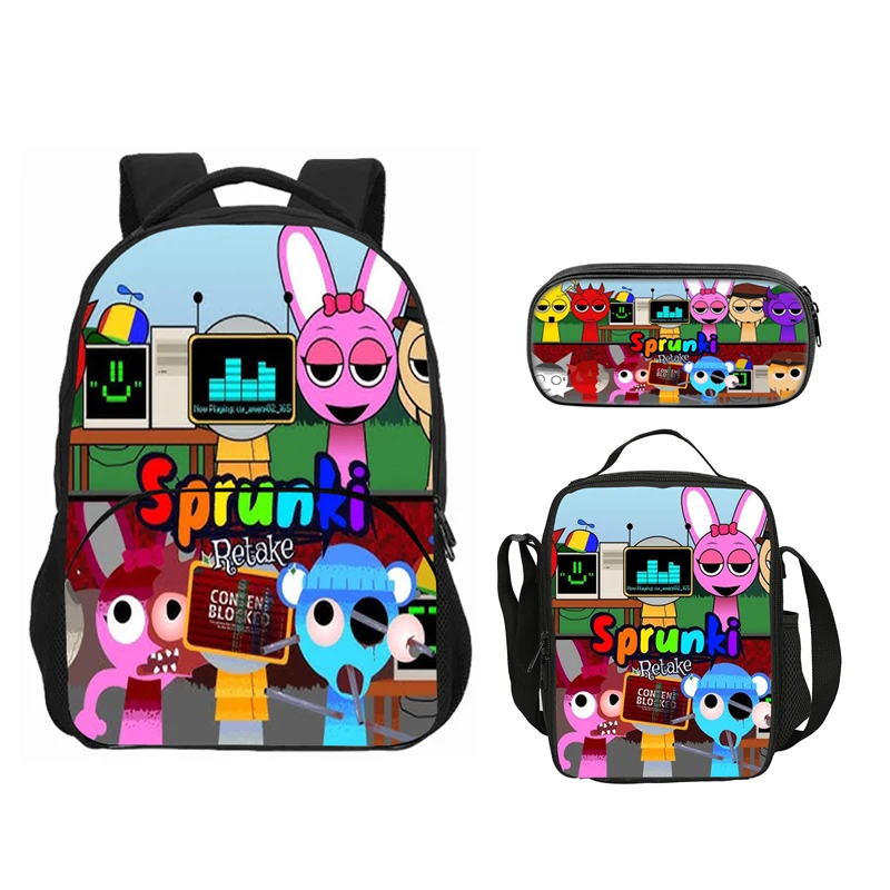 Nové sprunki 3ks set batoh cartoon školská taška pre chlapca dievča s obednou taškou ceruzkou Box anime batoh pre dieťa Rucksnack