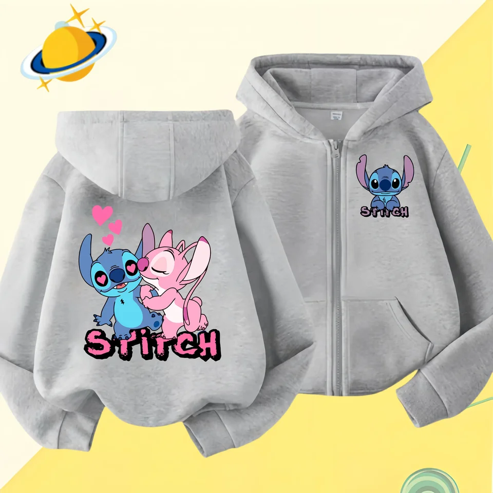 Nové stehy zipsové mikiny Dievčatá Mikina na jeseň a zimné s dlhým rukávom Harajuku Pullovers Disney Stich Casual Hooded Topy