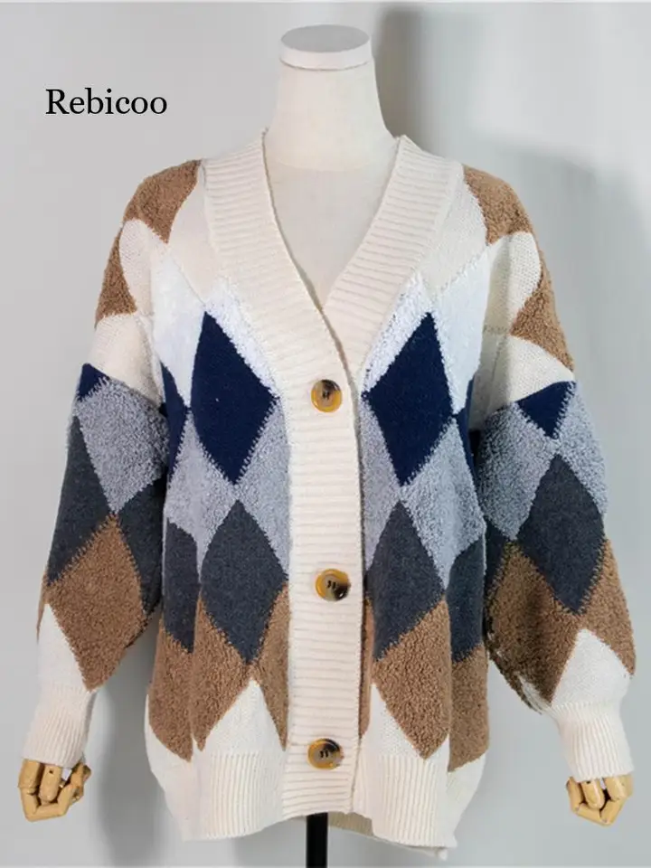 Nové sveter Žena Winter High Luxury Rhombus Cocked Nadmerná nadrozmerná dámska módna kabát Sweaters Street