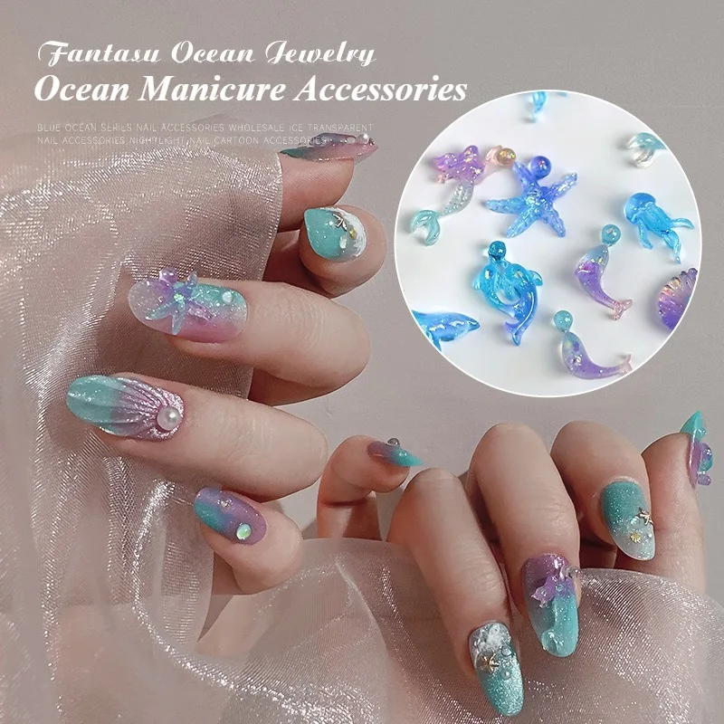 Nové série 50ks/taška Ocean Series Luminous Resin Nail Adsessory Farebné dekorácie dekorácie dekorácie dekorácie letný škrupina ľad