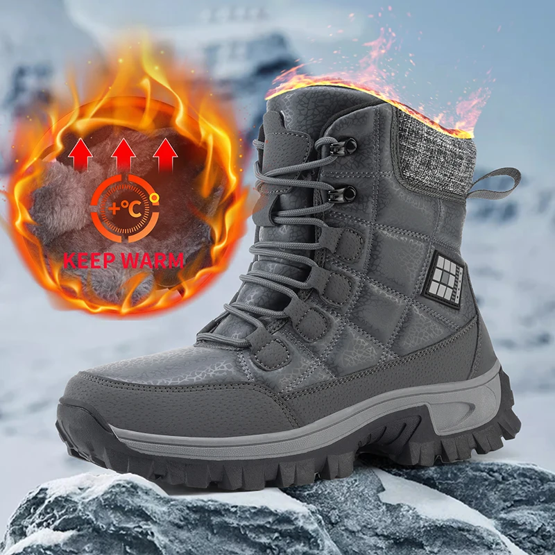 Nové teplé plyšové pánske zasnežené topánky Lace Up High Top Pánske turistické vodotesné zimné členkové topánky Vonkajšie protišmykové muži turistické topánky