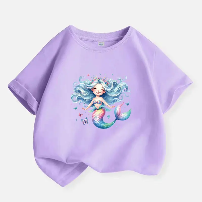 Nové topy Y2K Tops Cute Mermaid Graphic tlače Dievčatá Tričko Pink Cotton Kids Tops Tee Summer Fashion T košeľa 6 8 10 12 rokov