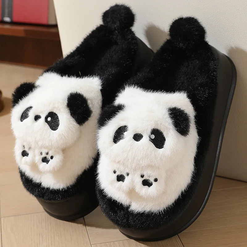 Nové topánky s vysokým podpätkom Panda Dámske zimné husté papuče Žena Fluffy Slip On topánky Dámy zvierat Warm Fuzzy domáci papuč