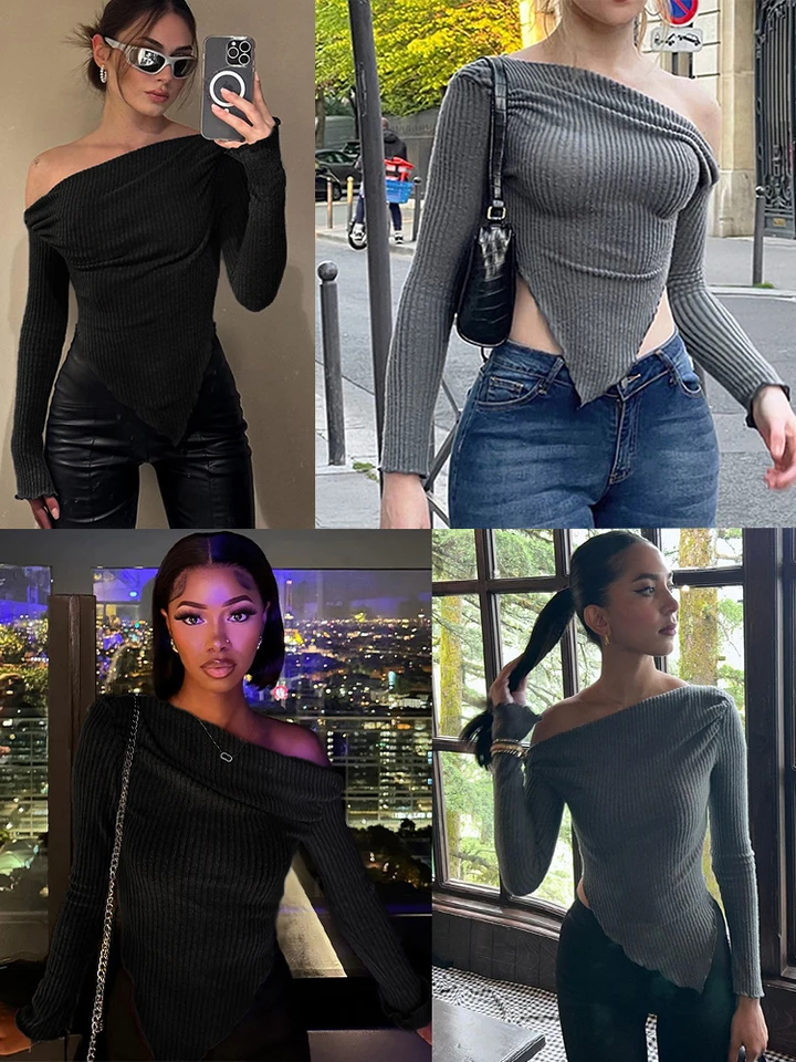 Nové tričko Autumn Zimné ženy Sexy čierne čierne skosené odpaliská módne dlhé rukávy asymetrické ženské elegantné všestranné oblečenie