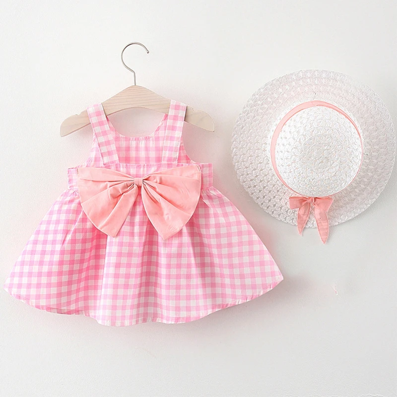 Nové v lete oblečenie dievčat 2024 Kórejské roztomilé luk dot bez rukávov Cotton Princess Dress+Sunhat Toddler Dayses Sets BC007-1
