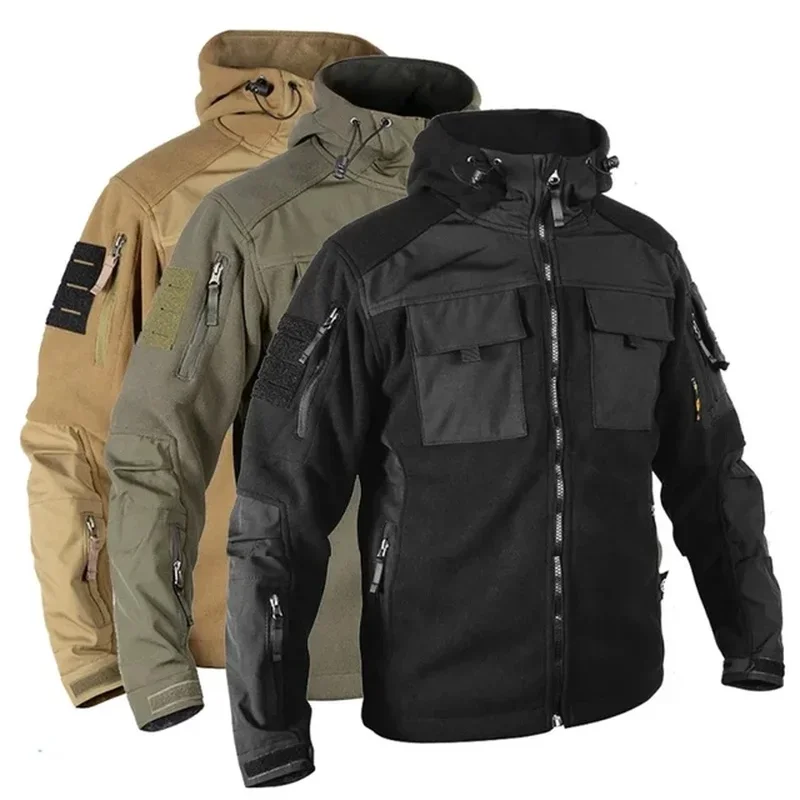 Nové veterné teplé vonkajšie lovecké bundy fleece viacprotkové taktické bundy Mens Camo Mužská kapucňa na turistiku nákladné bundy