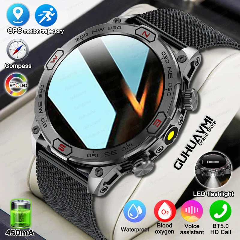 Nové vonkajšie vojenské inteligentné hodinky Men Compass GPS Track Bluetooth Call IP68 nepremokavá AMOLED Screen Smartwatch pre Android iOS