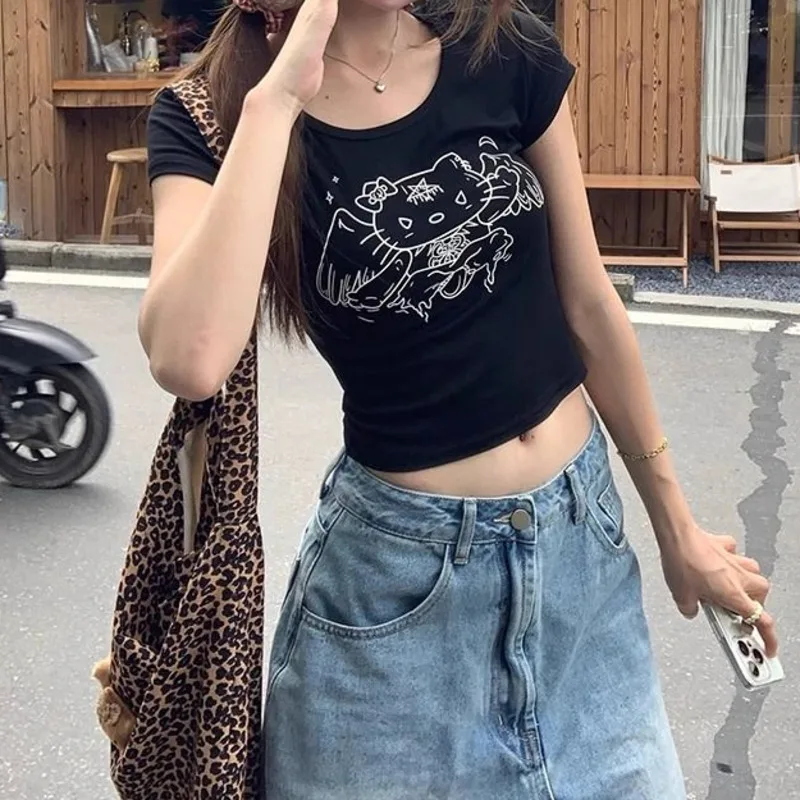 Nové y2k Sanrio Hello Kitty Slim Tričko Ženy letné horúce rukávy Tees Gothic Streetwear Kórejské módne oblečenie Žena