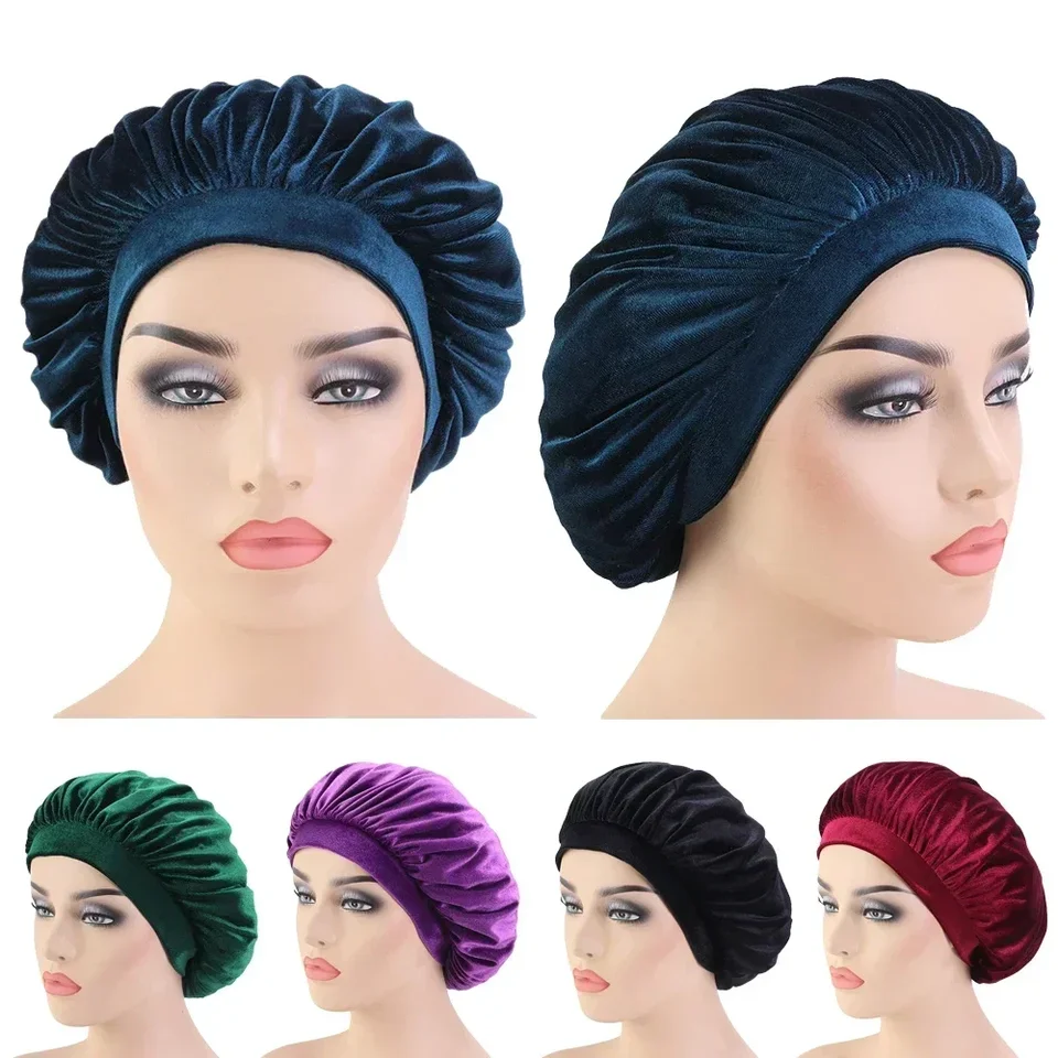Nové zamatové vysokohorské širokopásne stranu nočná čiapka Velvet Cap Chemo Cap Turban Hat Cancer Chemo Sleep Sleep Klobú