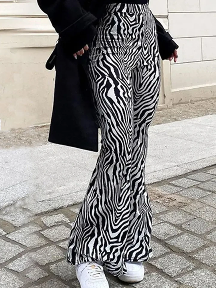 Nové Zebra-Print High Wauisted Bell Bottoms Jarné letné bedrové výťahy Vysoko naklonené neformálne nohavice na ulicu Street Osobnosť Bell Dnoty