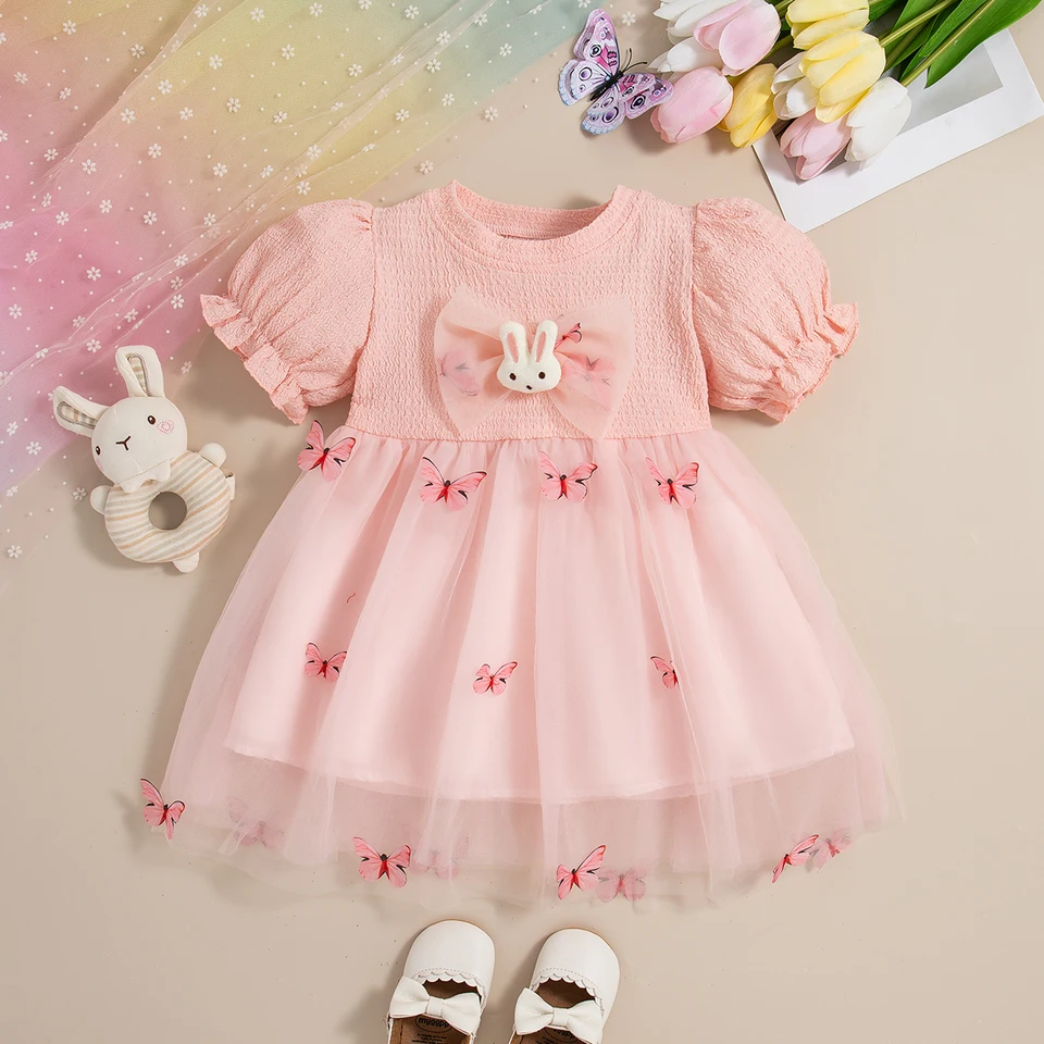 Nové zimné dievčatá šaty Little Bunny Bow Butterfly Cake Sukňa Puffy Ruckves Sweet Princess Dress Narodeninové tímové šaty