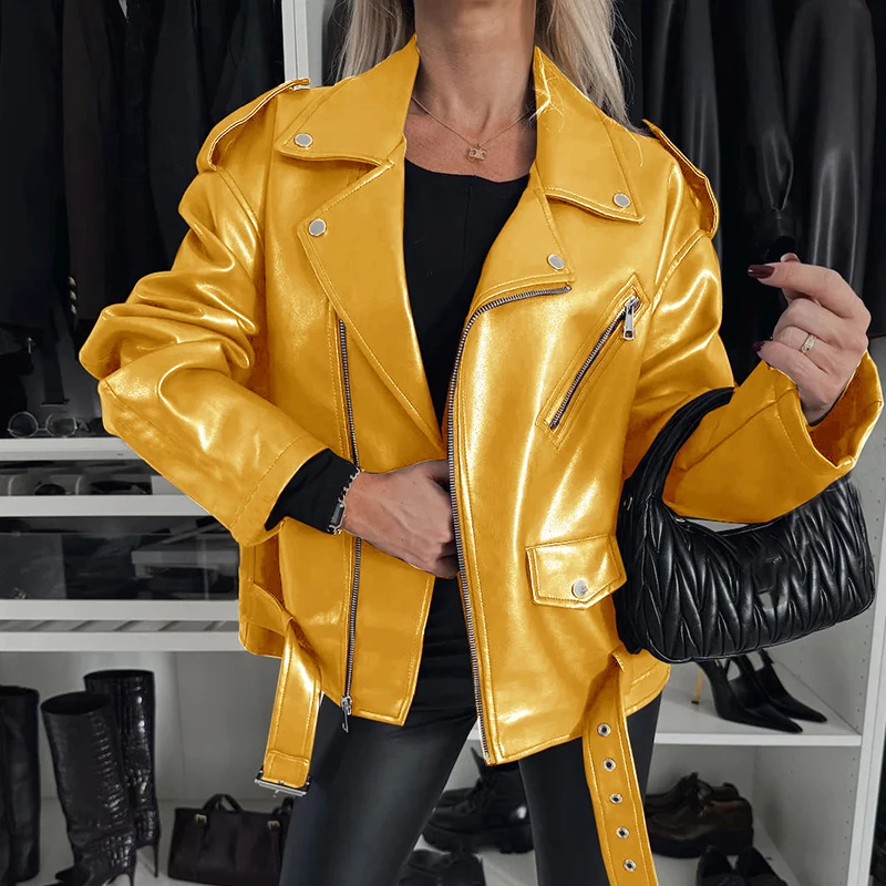 Nové zimné dámy otáčanie golierovej kože Outwear Fashion High Street Solid Motocyklový kabát Príležitostné bundy s dlhým rukávom