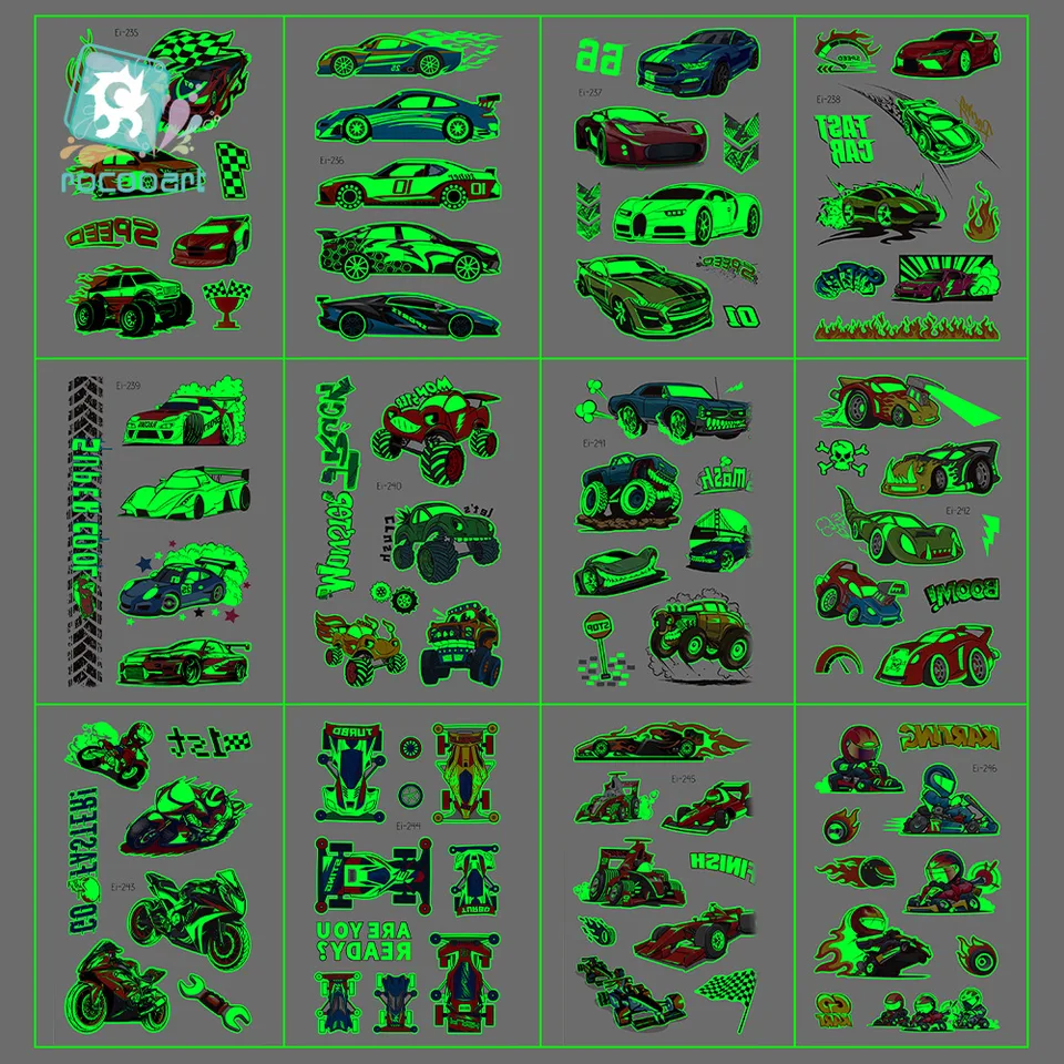 Nové závodné vodotesné dočasné nálepka Tatoo Deti Cool Luminous Motocykel Racing Falošné tetovanie nočné žiariace tetovacie nálepky