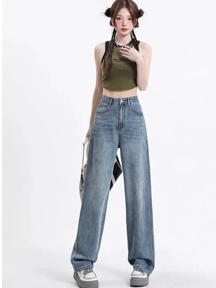 Nové čierne voľné džínsy Streetwear Vintage Ženy Vysoký pás vreckový džínsy Ženské nohavice Gombíky Dámske nohavice Rovné džínsy so širokou nohou