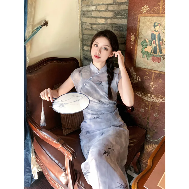 Nové šaty v čínskom štýle Bambus Leaf Print Qipao Lady Elegantná cheongsam leto nové Vestidos 2pcs obleky Bigsize 3xl