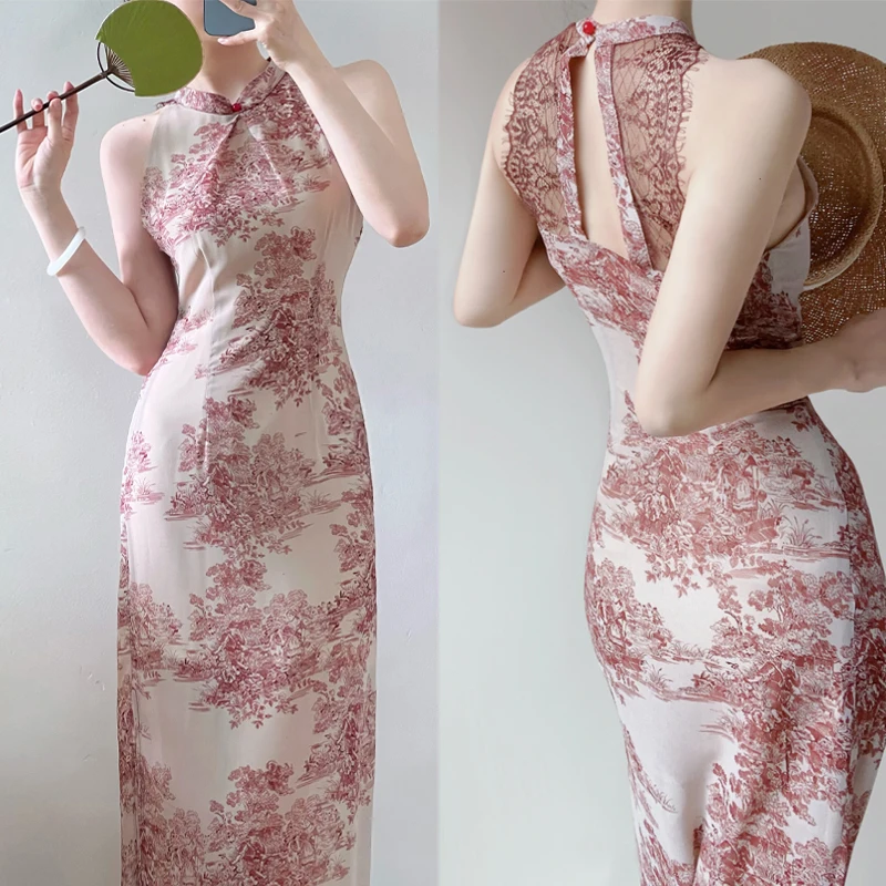 Nové šaty v čínskom štýle Elegantné čipky bez backless qipao ženy vintage čínske šaty tlač cheongsam long vestidos leto qipao
