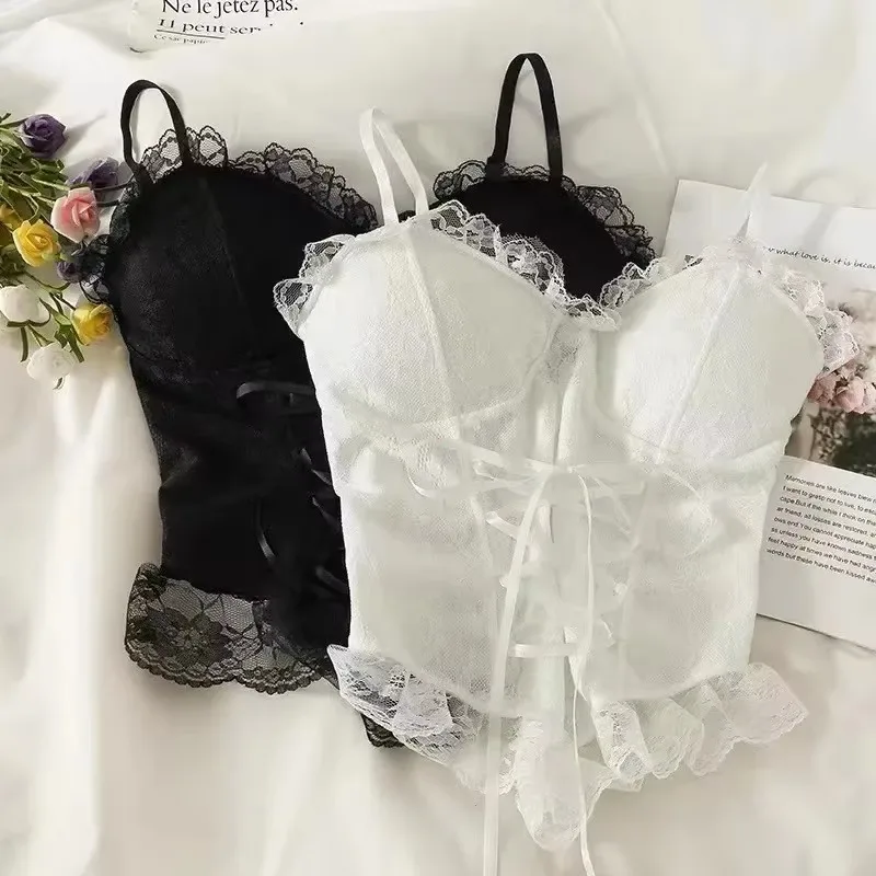 Nové šaty Y2K Sexy plodiny Tops Women Korzet Lace Lace Bandage Tričko Camisole Žen