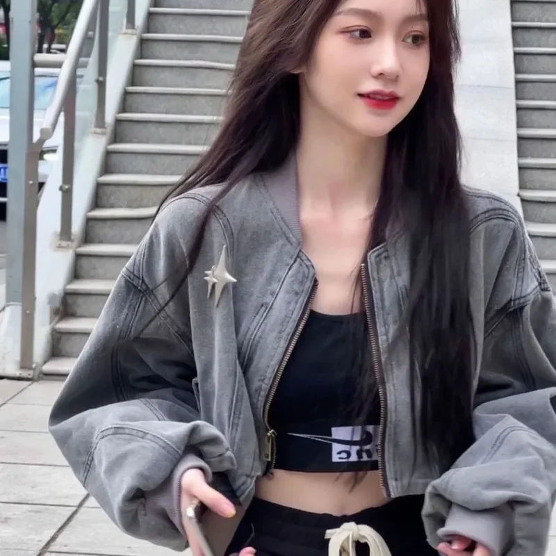 Nové šedé ženy denimové bundy Streetwear Y2K krížové plodiny Hippie 90. roky nadmerné zipsové kabáty kabáty Harajuku Dámske oblečenie