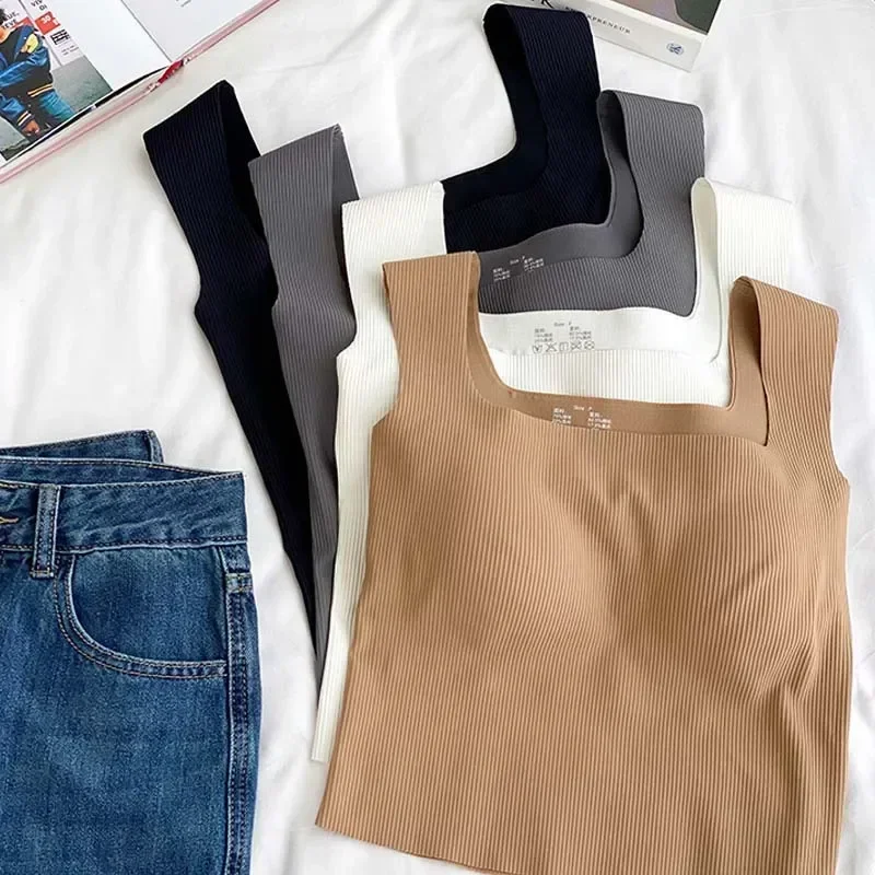 Nové široké rameno Camisole štvorcový krk Krásne zadné závity Vesta Dámska bezšvový jednodielny pevný pohár Náhodné pevné vrcholy