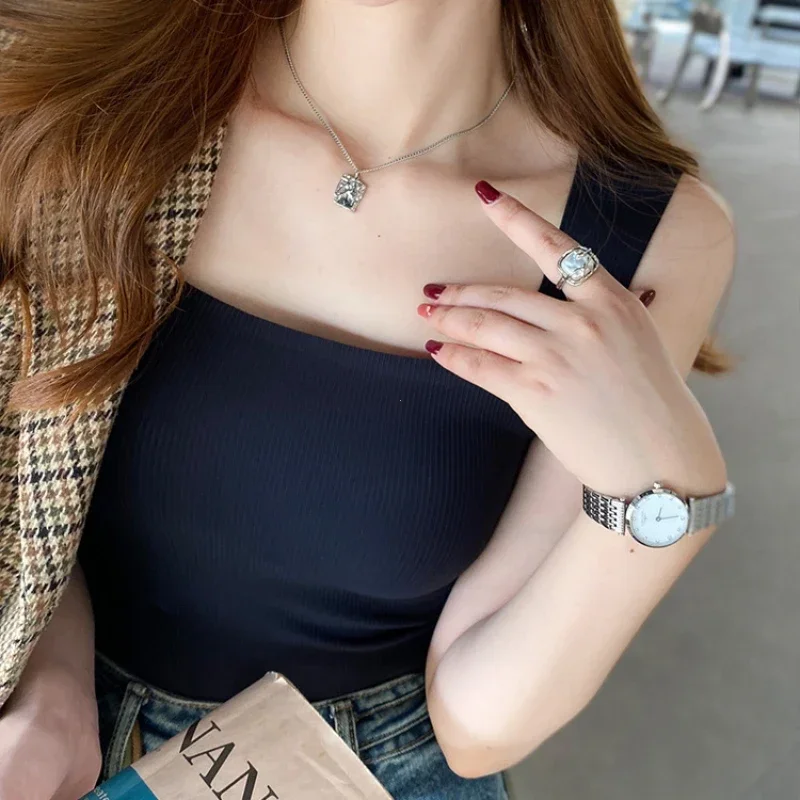 Nové široké rameno Camisole štvorcový krk Krásne zadné závity Vesta Dámska bezšvový jednodielny pevný pohár Náhodné pevné vrcholy
