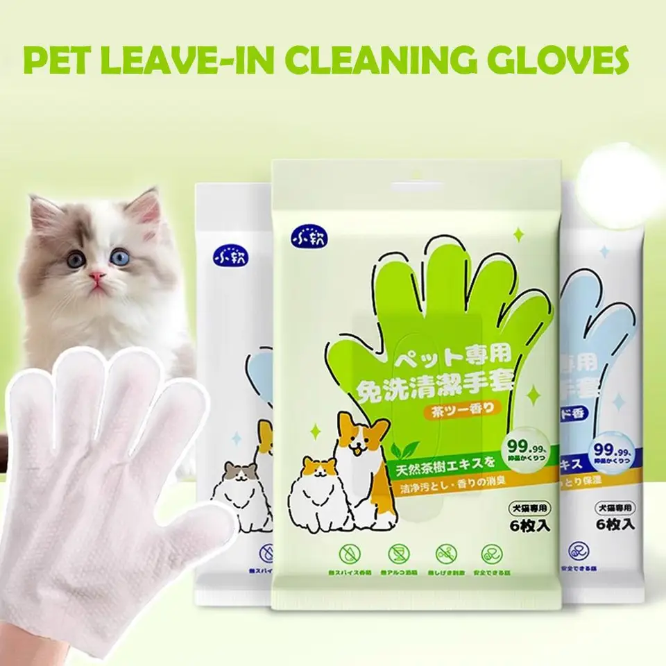 Nové špičkové 6ks Pet Pet Wash Free Čistiace rukavice Pet na jedno použitie čistiacich rukavíc Rukavice Remover Sušené čistenie mokré obrúsky pre mačku U2N3