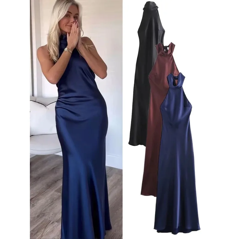 Nové ženské šaty Slidné bez rukávov bez rukávov Slim Zipper Summer Dlhé šaty Elegantné elegantné ženské šaty na krk