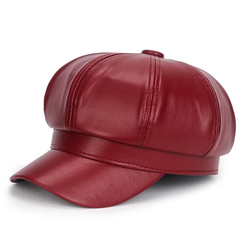 Nové ženy PU kožené barety čiapky Čierne červené vonkajšie nastaviteľné ženy Jeseň zima Cast Lady Cap Hat pre ženy