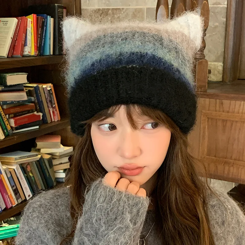 Nové ženy roztomilé mačacie uši uši zimné klobúky módne faux kožušinové pletené klobúk KPOP Soft Soft Beanie Hats Candy Female Streetwear čiapka