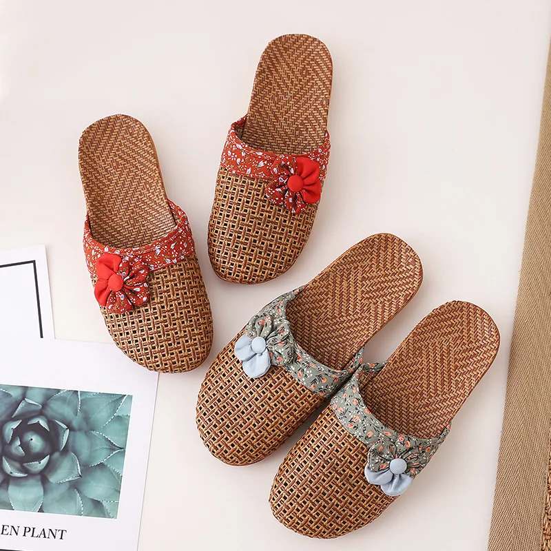Nové ženy Summer Ženy Príležitostné snímky Floral Flax Flip-Flop Ladies Bow Sandals Woven Linen Domov Patríky pre dámske topánky