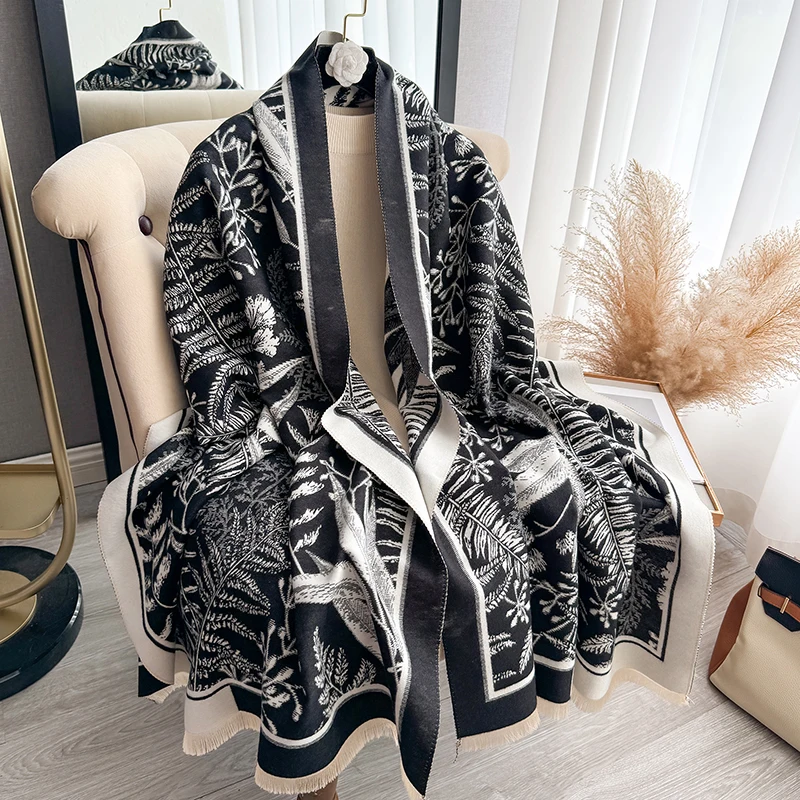 Nové ženy zimné luxusné značka Cashmere Plant Pattern Satter Hustý a teplý dlhý šatka Bandana Pashmina tlmič Tuffler Dride Bufanda
