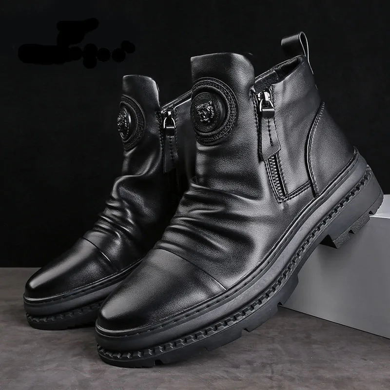 Noví luxusní muži členkové topánky britský štýl High Top Men topánky motocyklové kožené topánky zips retro mužské topánky Zapatillas hombre