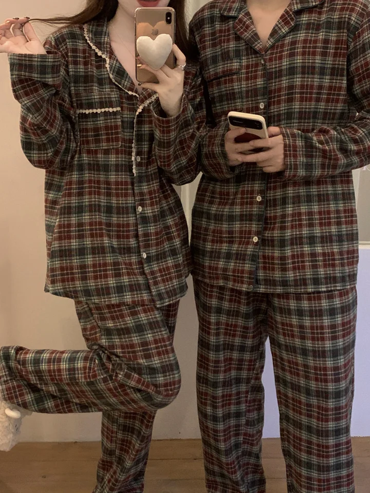 Noví milenci Vianočné mriežkové pruhy voľné jeseň zima s dlhým rukávom pyžama set žien Príležitostné pár Plaid Sleewear Korean Ins